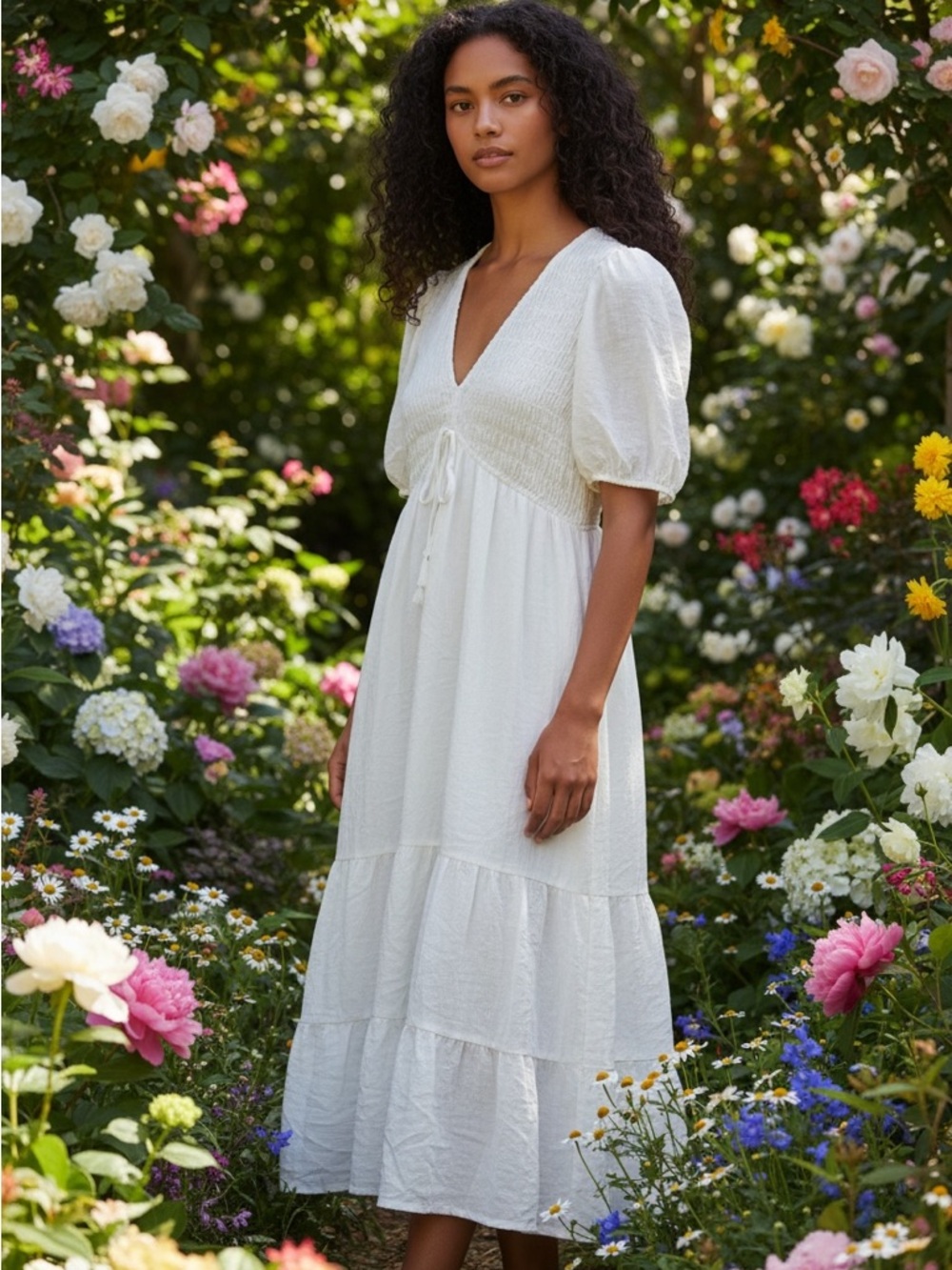 Taylor White Smocked Empire Waist Maxi Dress